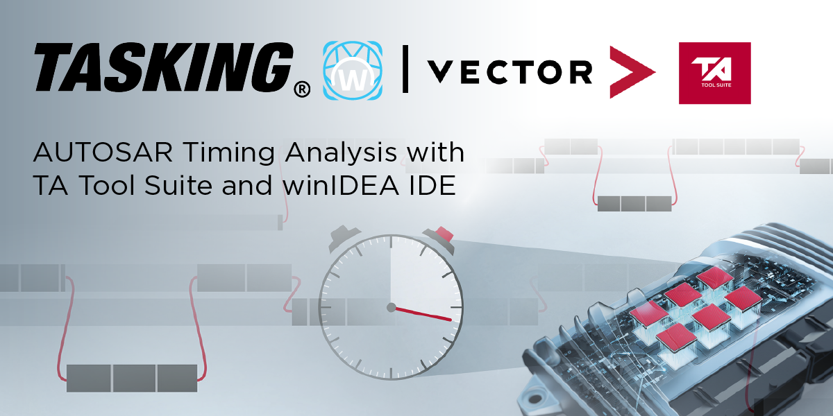 AUTOSAR Timing Analysis with TASKING TA Tool Suite and winIDEA IDE, featuring logos and graphics of a timing diagram and automotive electronic components